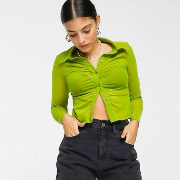 Topshop mesh ruch front shirt in green - Picture 4 of 7